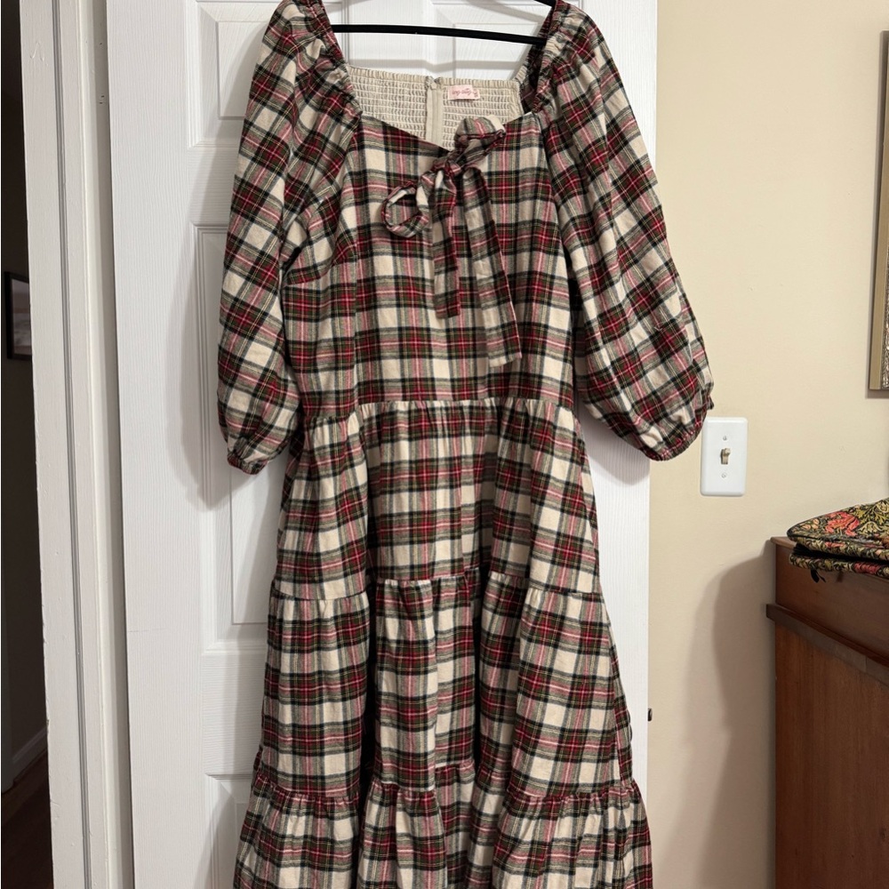 Ivy City Co Plaid Midi Dress - Red and Cream